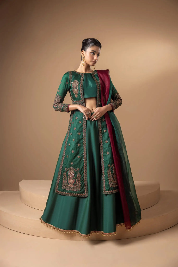 The Ever Green – Green Organza Combination with Maroon. – Maan Mehran